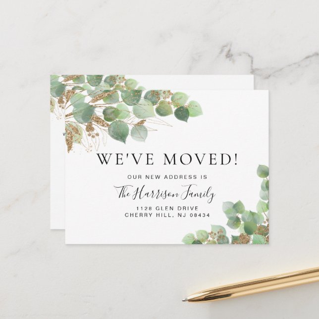 We've Moved Eucalyptus Greenery Watercolor Moving Announcement Postcard (Front/Back In Situ)