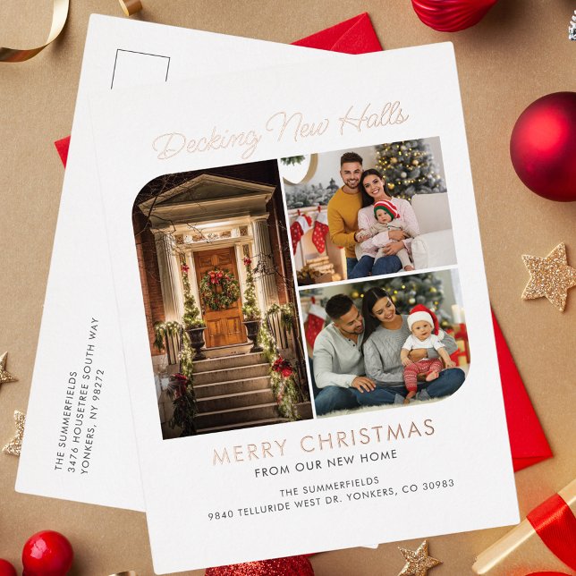 We've Moved Family Christmas Moving Rose Gold Foil Holiday Postcard (Christmas Holidays Family Photo Collage Moving Announcement Greetings Rose Gold Foil Postcard)