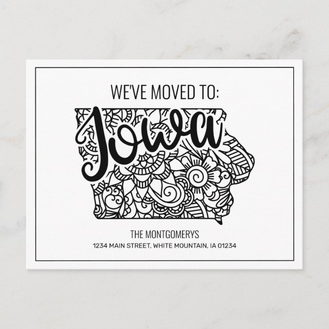 We've Moved Floral Mandala Iowa State Announcement Postcard (Front)