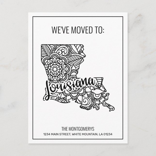 We've Moved Floral Mandala Louisiana State Announcement Postcard (Front)