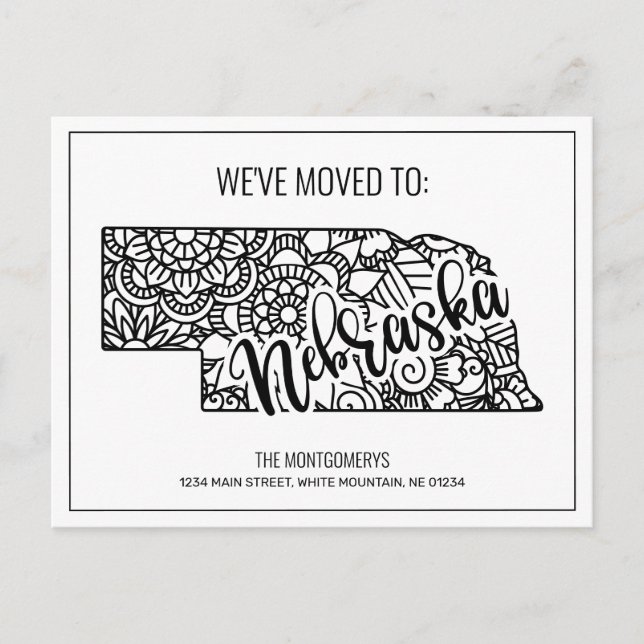 We've Moved Floral Mandala Nebraska State Announcement Postcard (Front)