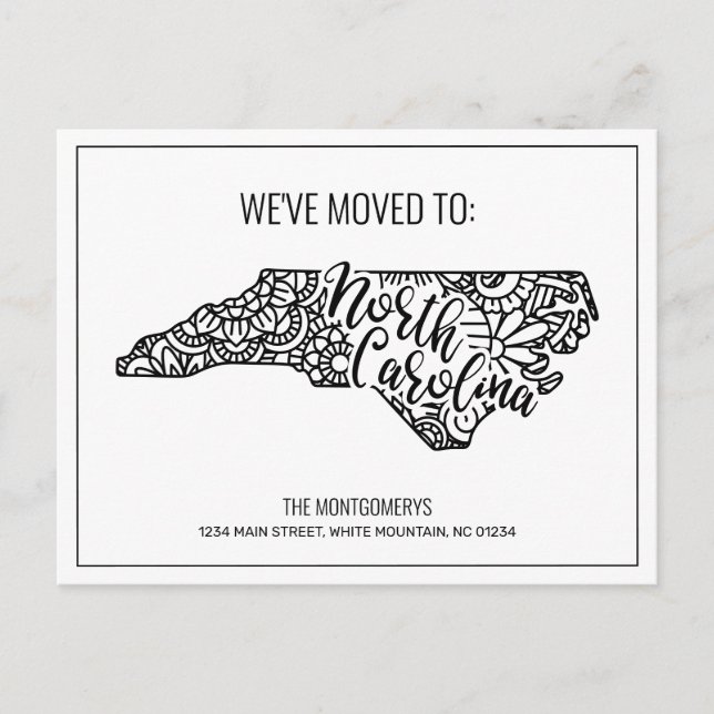 We've Moved Floral Mandala North Carolina State Announcement Postcard (Front)