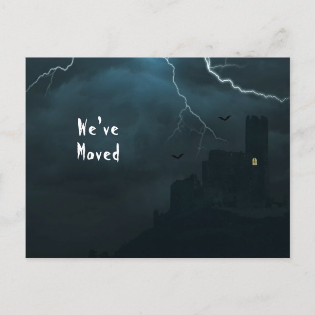 We've Moved Funny Spooky New Home Dark Castle Announcement Postcard (Front)