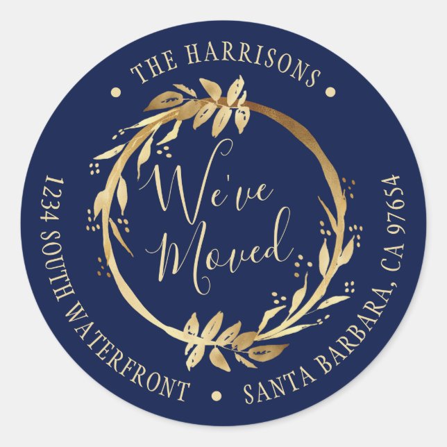We've Moved Gold Wreath Navy Blue New Address Classic Round Sticker (Front)