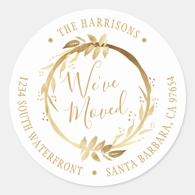 We've Moved Gold Wreath White New Address Classic Round Sticker (Front)