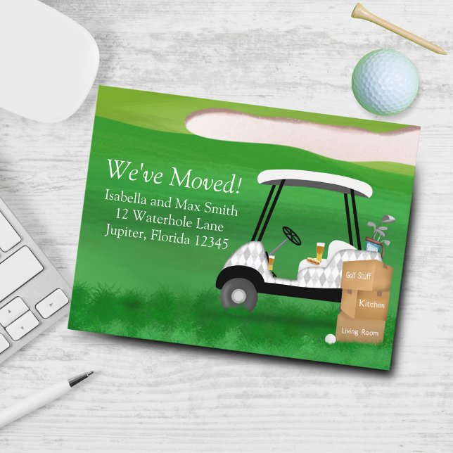 We've Moved Golf Cart With Moving Boxes  Announcement Postcard (For all the golfers out there, this moving announcement is a hole-in-one! )