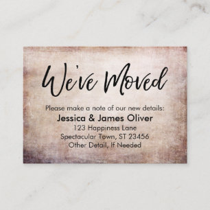 "We've Moved" Handwriting on Brown-Hued Grunge Business Card