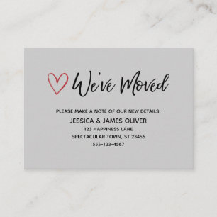 We've Moved Handwriting Red Hearts Gray Business Card
