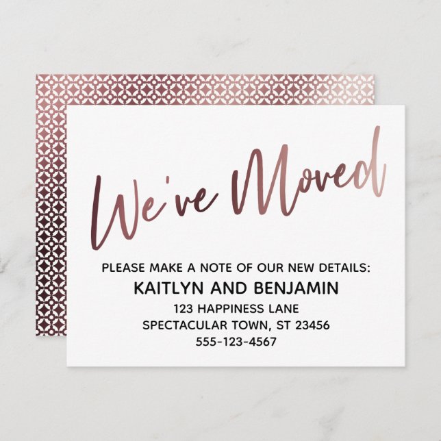 We've Moved Handwriting Rose Gold Pattern Card (Front/Back)
