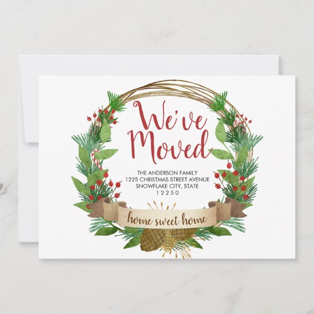 We've Moved Holiday Christmas Acorn Wreath Moving Announcement (Front)