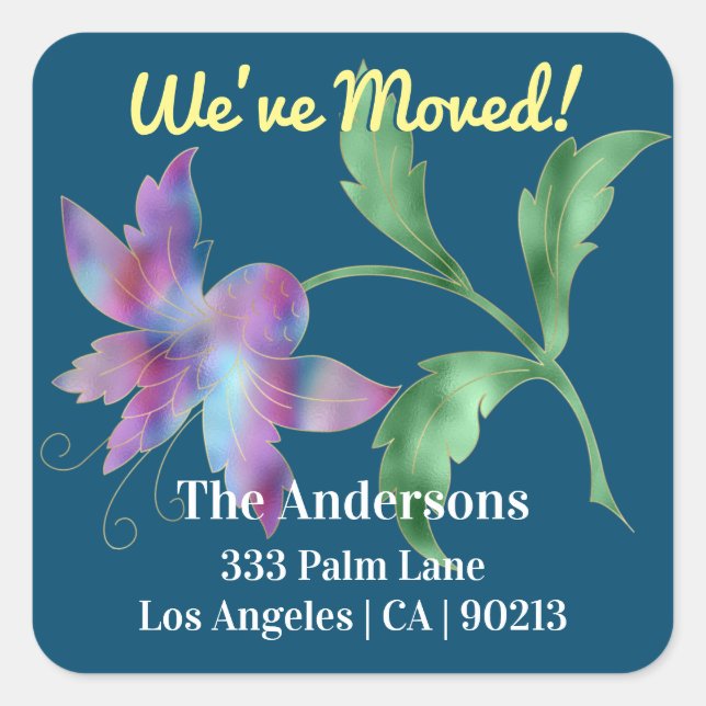 We've Moved, Large Tropical Flower, Return Address Square Sticker (Front)