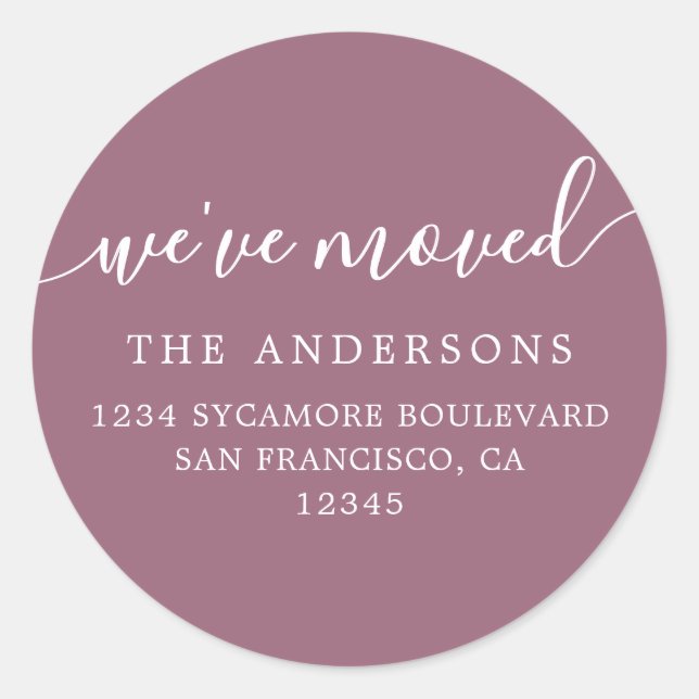 We've Moved Mellow Mauve New Address label (Front)