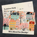 We've Moved New Address Moving Announcement<br><div class="desc">A charming We've Moved moving announcement with a cute village house pattern. Personalise it with your name. Designed for you by Blackberry Boulevard.</div>