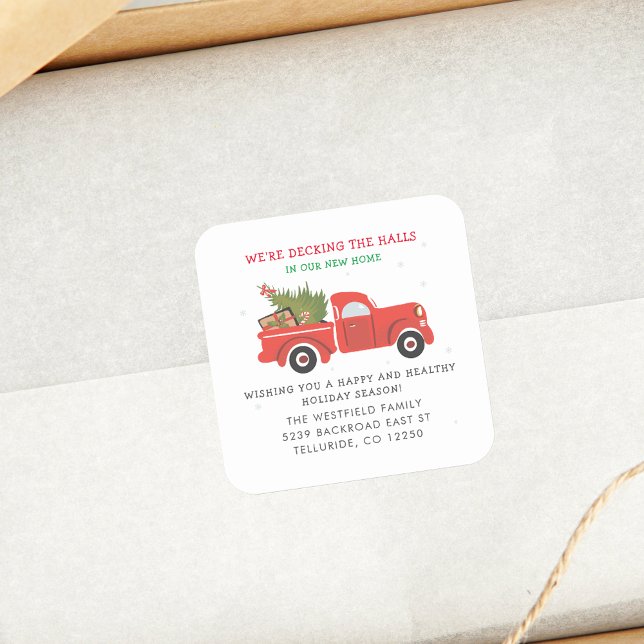 We've Moved New Address Red Truck Christmas Moving Square Sticker (Moving Announcement Stickers Featuring Classic Red Truck)