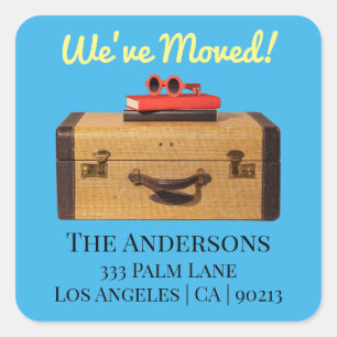 We've Moved Old Suitecase Return Address Sky Blue Square Sticker