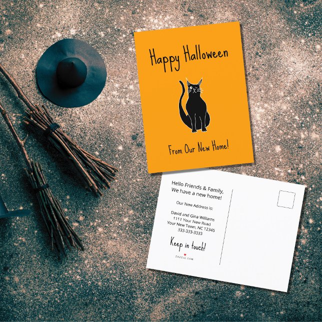 We've Moved Orange Halloween Black Cat Moving Announcement Postcard (Creator Uploaded)