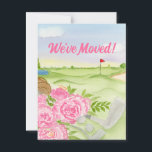 We've Moved Peonies On Golf Course Postcard<br><div class="desc">This moving announcement features the charm of a hand-painted golf course and a golf bag overflowing with soft pink peonies and classic clubs. It perfectly blends elegance and warmth, reflecting the beauty of our new home nestled within a welcoming golf community. We’re excited to share this new chapter with you...</div>