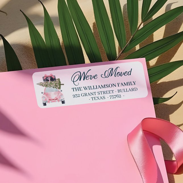 We've Moved Pink Retro Car Christmas Tree Luggage (We've Moved Pink Retro Car Christmas Tree Luggage Label)
