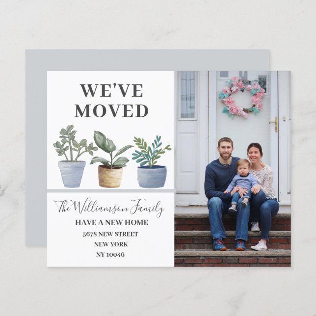We've Moved Potted Plants Dusty Blue Announcement (Front/Back)