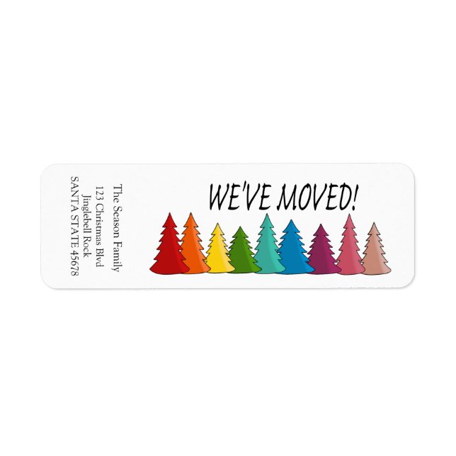 We've Moved Rainbow trees holiday label (Front)