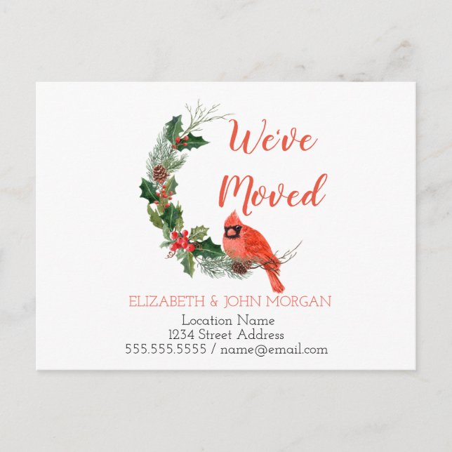 We've Moved,Red Cardinal Bird, New Address Announcement Postcard (Front)