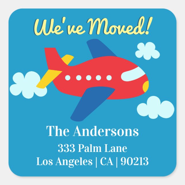 We've Moved, Red Cartoon Plane, Return Address Square Sticker (Front)