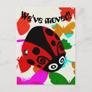 We've Moved, Red Ladybug and Butterflies postcard
