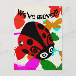 We've Moved, Red Ladybug and Butterflies postcard