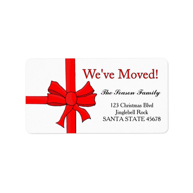 We've Moved Red ribbon bow Christmas label (Front)