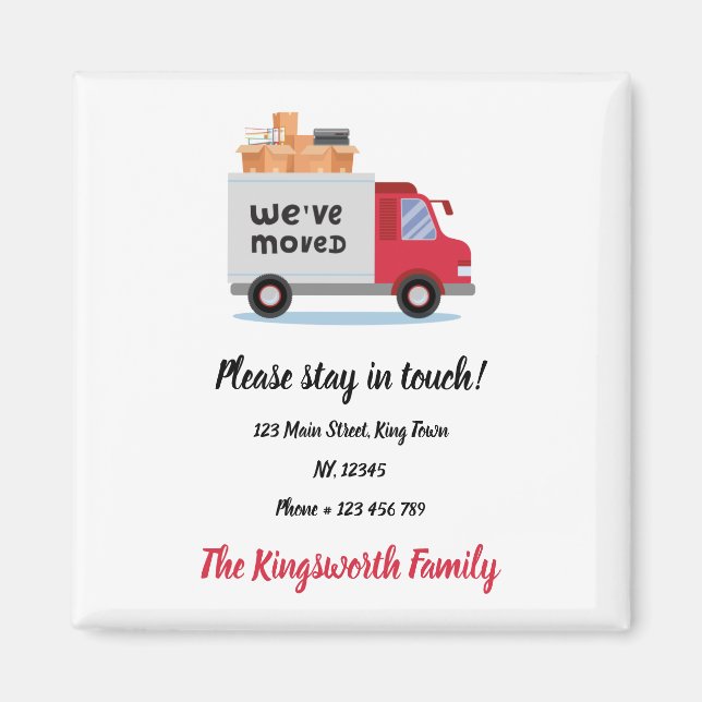 We've moved red truck personalised announcement magnet (Front)