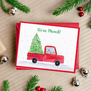 We've Moved Red Truck With Christmas Tree Announcement Postcard