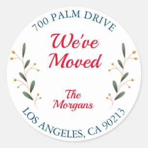We've Moved, Return Address, Red/Blue Text, White  Classic Round Sticker