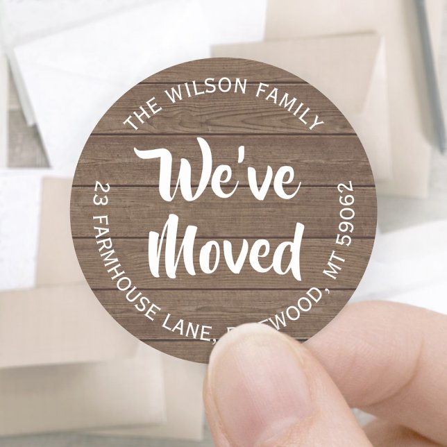 We've Moved Rustic Wood Round Return Address Label (Creator Uploaded)