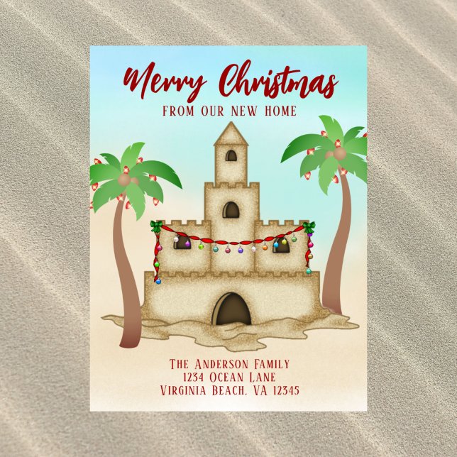 We've Moved Sandcastle New Beach Home Christmas Holiday Postcard (Creator Uploaded)