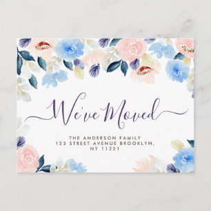 We've Moved script blue pastel floral New Home Postcard