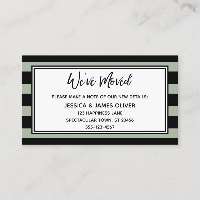 "We've Moved" Script w/ Black & Sage Stripes Business Card (Front)