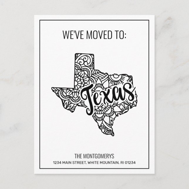 We've Moved To Texas State Floral Mandala Announcement Postcard (Front)