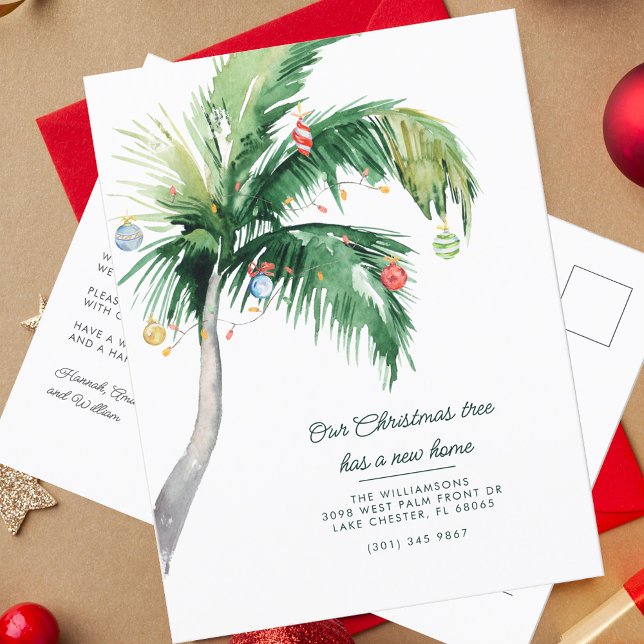 We've Moved To The Coast Christmas Moving Announcement Postcard (Christmas Moving Announcement Change of Address Palm Tree Card)