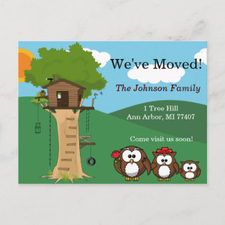 We've Moved | Tree House | Owl Family | Cute Announcement Postcard