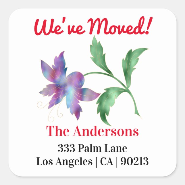We've Moved, Tropical Flower, Return Address White Square Sticker (Front)