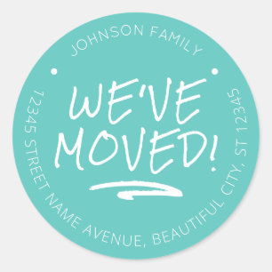 We've Moved Turquoise Handwritten New Address Classic Round Sticker
