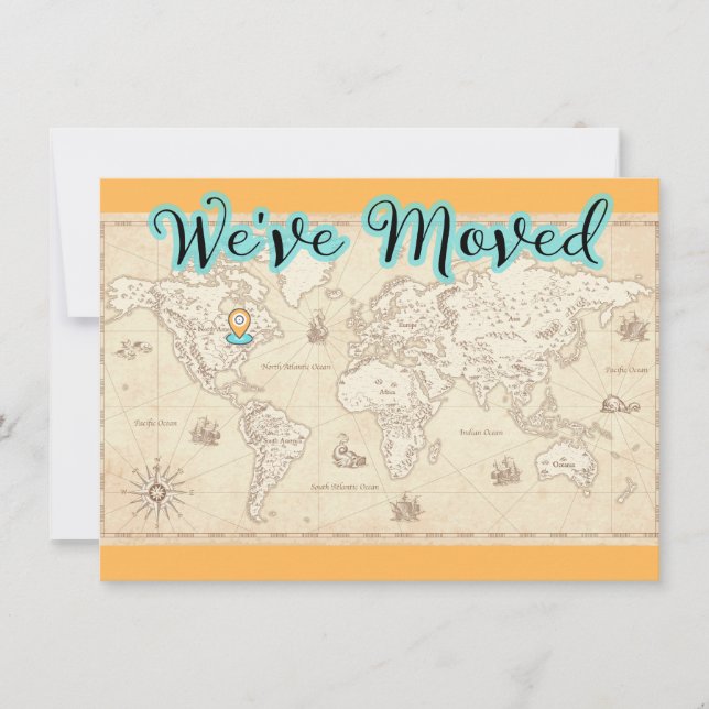 We've Moved Vintage World Map Icon Announcement (Front)