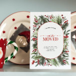 We've Moved Warm Red Winter Moving Announcement<br><div class="desc">We've Moved! Don't let the dust settle on your old address- update your friends and family with our We've Moved Warm Red Winter Holiday Moving Announcement. This chic and modern announcement features a festive watercolor design, with winter pine and red berry botanical greenery, with a matching pattern on the back....</div>