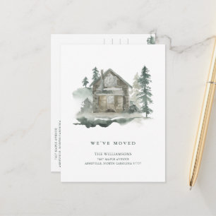 We've Moved Watercolor Cabin Pine Trees Rustic Postcard