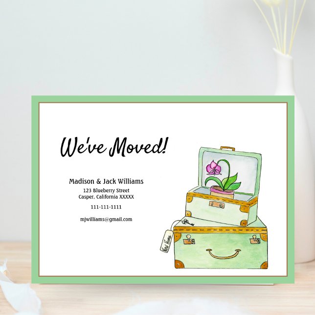We've Moved! Watercolor Luggage And Orchid Plant Invitation (Charming and whimsical way to share the big moving announcement. )