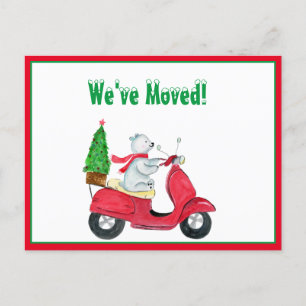 We've Moved Watercolor Polar Bear On Scooter Xmas Announcement Postcard