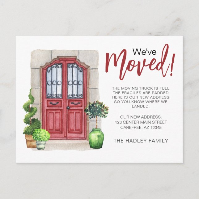 Weve Moved Watercolor Red Door Announcement Postcard (Front)