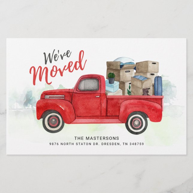 Weve Moved Watercolor Red Truck New Address Moving Stationery (Front)
