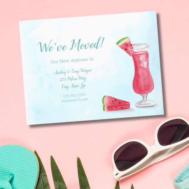 We've Moved Watercolor Watermelon Drink Announcement Postcard (Creator Uploaded)