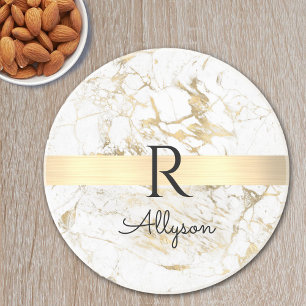 Wh & Gold Marble Gold Bar, DIY Black Name Monogram Coaster